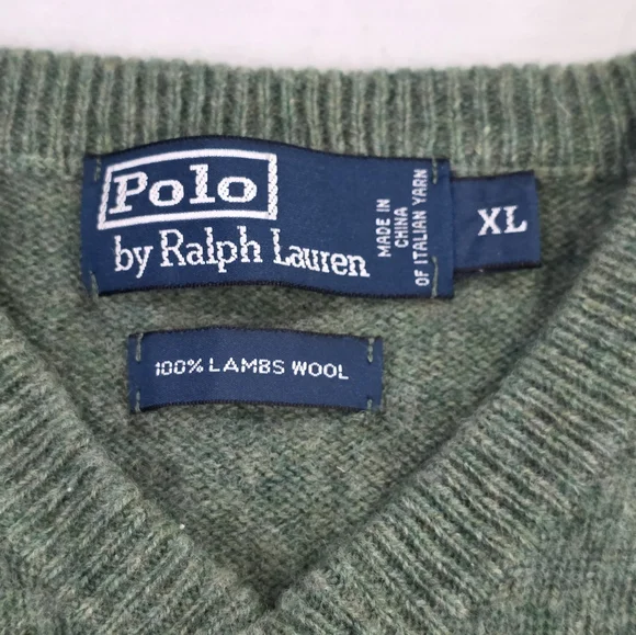 Polo by Ralph Lauren 100% Lambs Wool V-Neck Pullover Knit Sweater in Green. XL - Picture 2 of 7